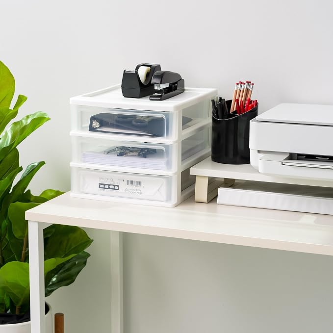 IRIS USA 3-Drawer Medium Stacking Desktop Organizer, White | Organize office supplies, stationery, makeup, craft materials and everyday essentials for neat desktop storage