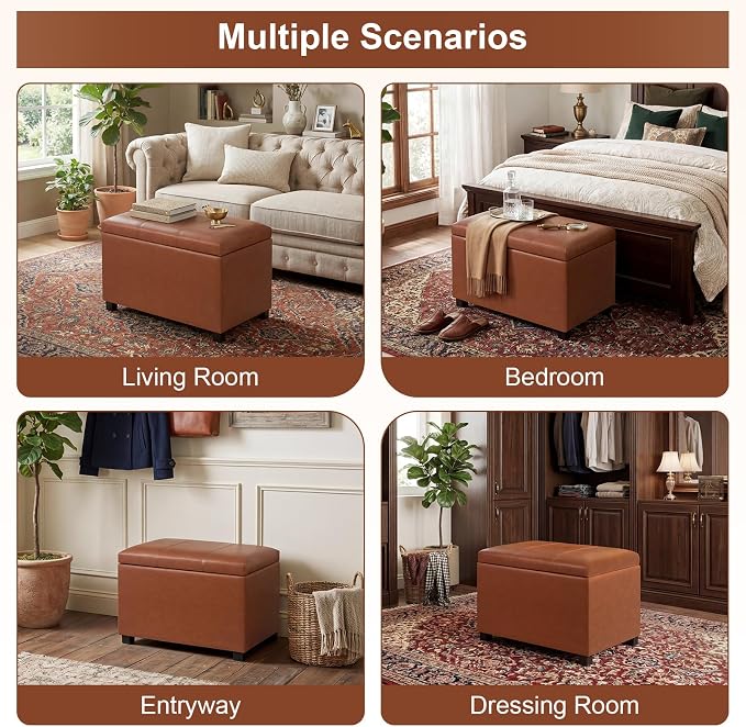24" Leather Storage Ottoman Bench, Rectangle Foot Rest Stool for Living Room, Bedroom, Entryway, Cognac Brown