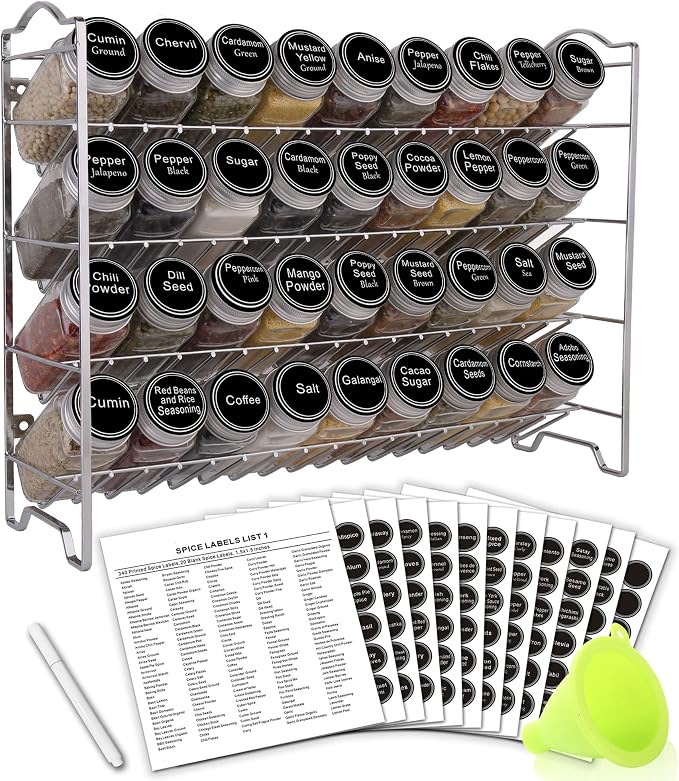 SWOMMOLY Spice Rack Organizer with 36 Spice Jars 4 oz and 396 Spice Labels | Chalk Marker, Funnel Set, Spice Organizer for Cabinet, Countertop, Pantry, Cupboard & Wall Mount, 16.5" W × 12.6" H, Silver