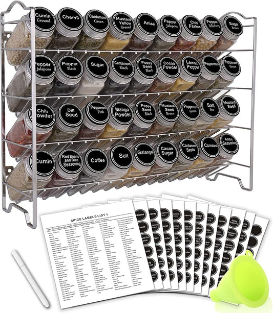 SWOMMOLY Spice Rack Organizer with 36 Spice Jars 4 oz and 396 Spice Labels | Chalk Marker, Funnel Set, Spice Organizer for Cabinet, Countertop, Pantry, Cupboard & Wall Mount, 16.5" W × 12.6" H, Silver