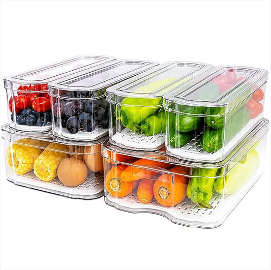 SMRCAD 6 Pack Clear Fridge Organizer Bins with Drain Trays - Stackable | BPA-Free PET, 6 Pack: 6 lidded Bins (Not drawer), Helps Keep Produce Fresh, 14L Capacity, Hand Wash Only