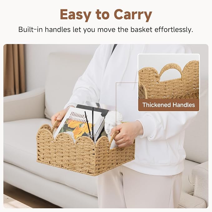 StorageWorks Scalloped Wicker Basket, Woven Baskets for Storage, Rattan Baskets with Handles, Paper Rope Basket for Organizing and Decor, 2 Pack