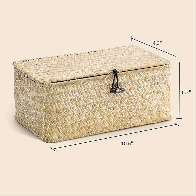 Nonam Small Basket with Lid, Natural Seagrass Bin with Lid, Shelf Baskets Multipurpose Container for Boho Decoration, Rectangular Household Storage Boxes for Home Organization-White