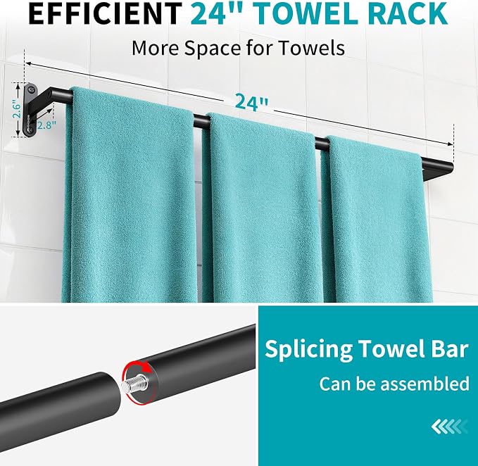 KLJKPA 2-Pack Towel Bar for Bathroom, 24 Inch Towel Rack, Matte Black | Heavy Duty Single Towel Rod, Space-Saving Hand Towel Holder, Toilet Kitchen Towel Storage, Rustproof, Stainless Steel