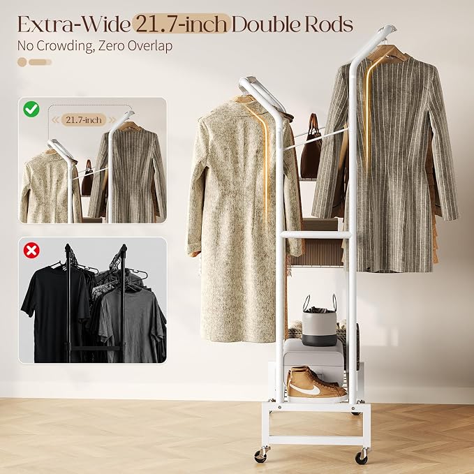 Yoobure Double Rods Clothes Rack - Portable Clothing Rack with Wheels, Rolling Garment Rack with 3-Tier Shelves & 4 Hooks, Freestanding Clothing Racks for Hanging clothes, Coat Rack for Closet Bedroom