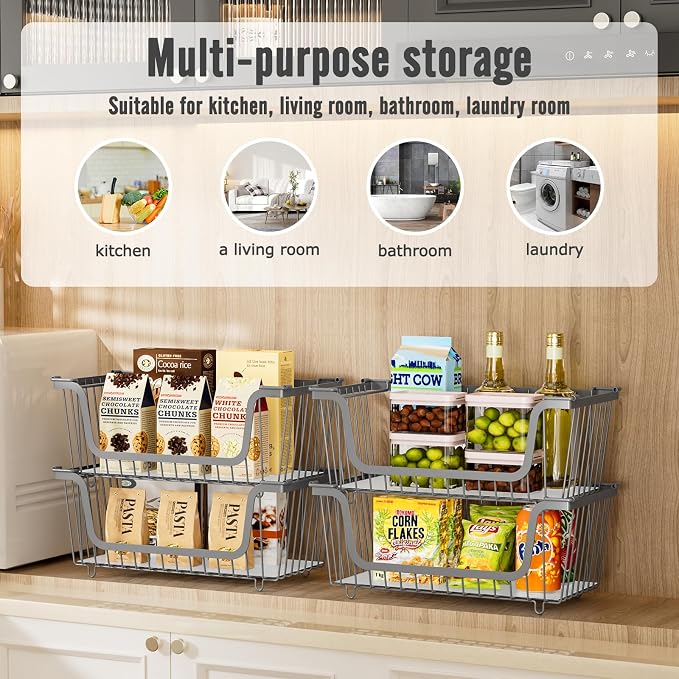 GAOKASE 4 Pcs Stackable Wire Baskets for Pantry Organizers and Storage, | Vegetable Fruit Basket for Countertop,Kitchen Storage Metal Baskets,Produce Potato Onion Storage Bin,Gray