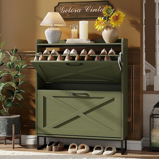 Maupvit Shoe Storage Cabinet with 2 Flip Drawers, Freestanding Shoe Organizer with Metal Legs for Entryway, Narrow Shoe Rack Cabinet, Green