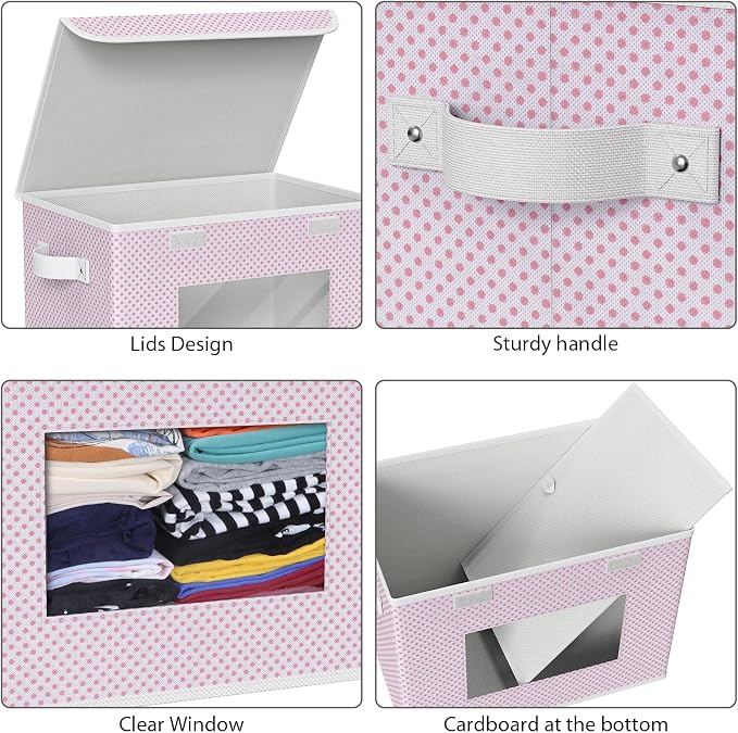 Univivi Fabric Foldable Storage Boxes with Lids, 4 Pack, Pink | 17 x 12 x 12 In Large Stackable Storage Bins with Lids, Closet Organizers and Storage Cube Basket for Home, Office, Bedroom