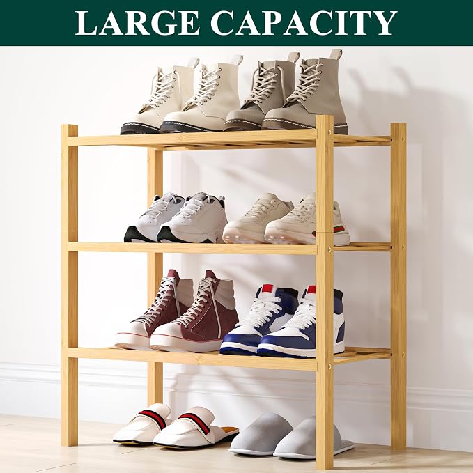 Smiry Bamboo Shoe Rack, 12 Vertical Slats, 3 Tier - 17.3" Wide, Natural | Stackable Free Standing Wooden Shoe Organizer, Wood Shoe Storage Shelf for Closet, Entryway