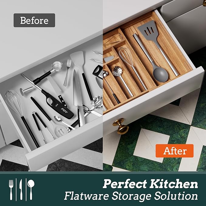 Silverware Organizer Large, Magnetic Connected Expandable 13 Slots Silverware Drawer Organizer From 21 to 37.4 Inches, Adjustable Flatware and Cutlery Holder, Bamboo Utensil Tray for Kitchen Acacia