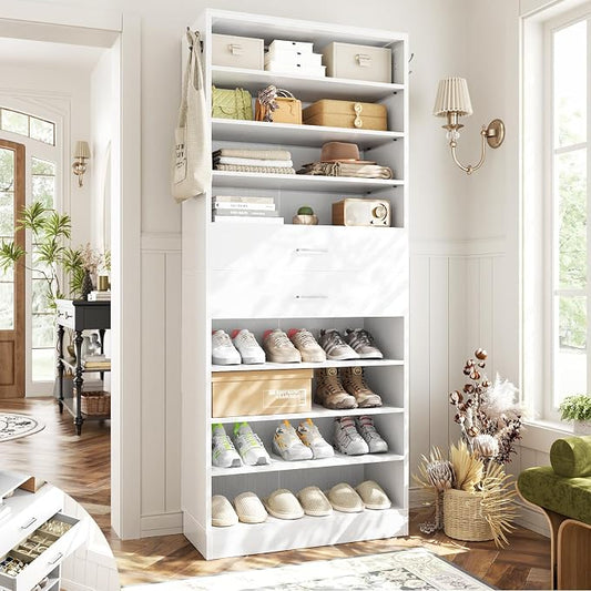 Aheaplus Tall Shoe Cabinet, 10 Tiers Wood Shoe Rack, Vertical Shoe Storage Organizer with 2 Drawers, Narrow Shoe Shelf Tower for 24-28 Pairs, Space Saving, for Closet, Entryway, Bedroom, White