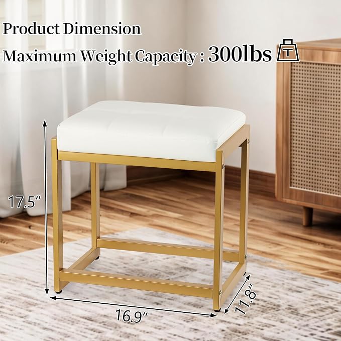 Vanity Stool, Vanity Chair Stools with Reinforced Metal Legs, Faux Leather Upholstered Ottoman Bench for Bedroom, Living Room, Small Modern Makeup Chairs for Dressing Table, White&Gold