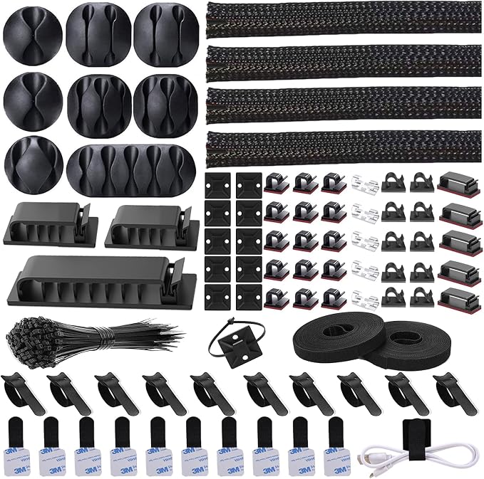 N NOROCME 192 PCS Cable Management Kit 4 Wire Organizer Sleeve | 11 Cable Holder,35Cord Clips 10+2 Roll Cable Organizer Straps,100 Fastening Cable Ties,for Computer TV Under Desk