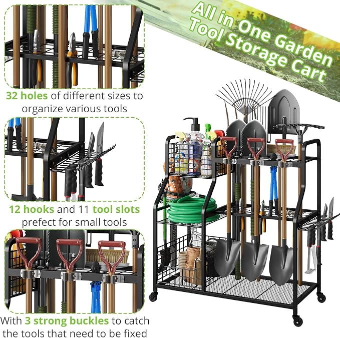 keomaisyto Garden Tool Holder Organizer with Heavy Duty Wheels for Garage | Large Yard Tool Organizer with 2 Baskets, Utility Garden Tool Rack for/Shed/Garage/Yard/Basement/Lawn