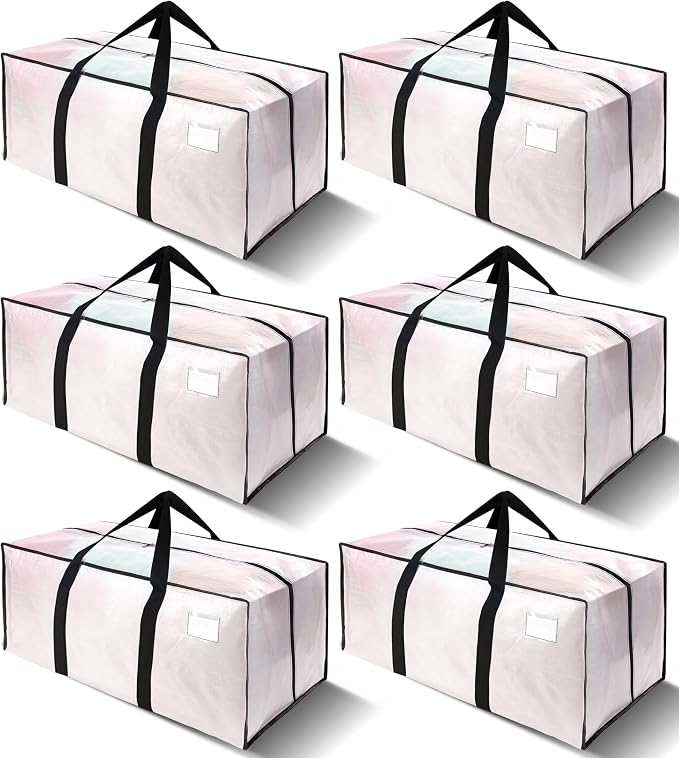 VELVETSURE 6 Pack Heavy Duty Large Moving Bags W/Backpack Straps - Strong Handles & Zippers, Storage Totes For Space Saving, Fold Flat, Alternative to Moving Box and Storage Bin, Semi-Transparent