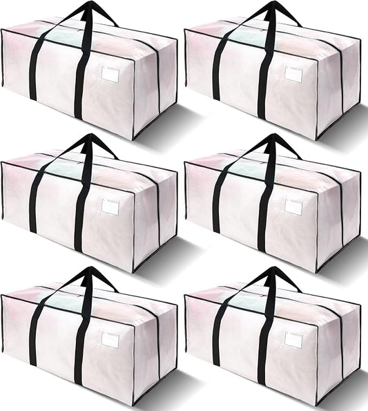 VELVETSURE 6 Pack Heavy Duty Large Moving Bags W/Backpack Straps - Strong Handles & Zippers, Storage Totes For Space Saving, Fold Flat, Alternative to Moving Box and Storage Bin, Semi-Transparent