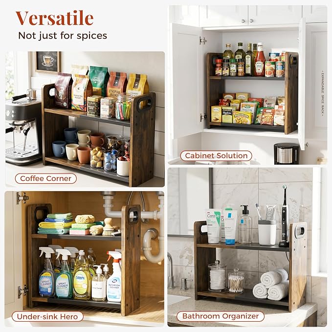 2-Tier Expandable Spice Rack Organizer for Countertop, 10.6"-17.3" | Metal & Wood ,Adjustable Height Spice Racks Shelf for Counter Cabinet Coffee Station, Space-saving Kitchen Storage Shelves