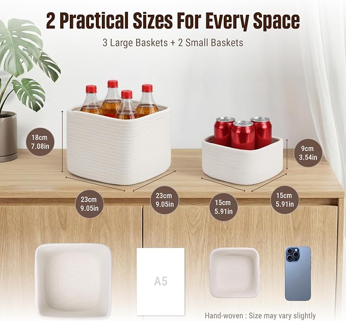 5-Pack Storage Cubes Woven Rope Baskets, 2 Sizes Organizer Bins | Ideal for Closet, Shelf, Bookshelf, Nursery, Changing Table, Cube Storage Bins, Storage Baskets for Bathroom Toy & Home