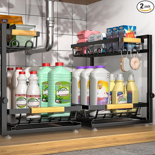 Sevenblue 2-Pack 2-Tier Height Adjustable Under Sink Organizer & Storage | Multi-purpose storage for kitchen & bathroom cabinet. Large black shelf, height adjustable design for space-saving.