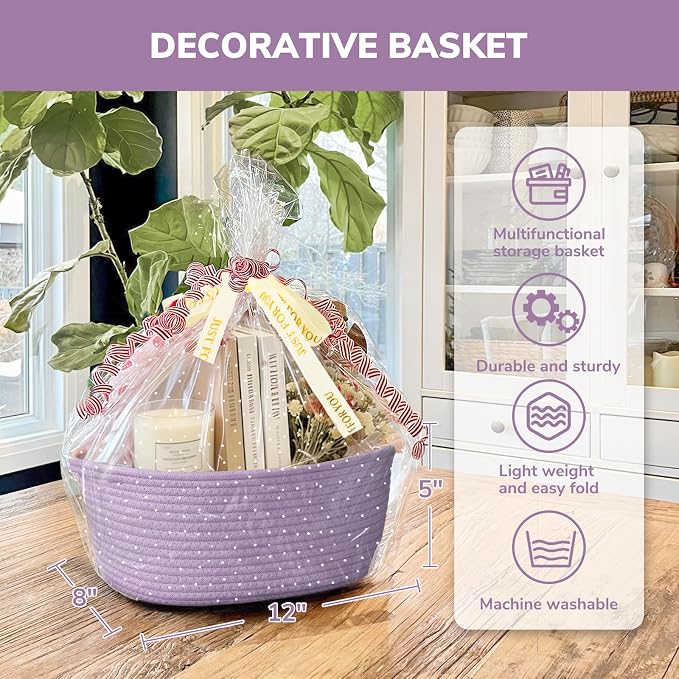 CHICVITA Gift Basket Empty with Bags & Ribbon for Baby Shower, Purple | 12"x 8"x 5" Woven Gift Basket Empty to Fill for Holiday, Rope Baskets for Organizing, Birthday Basket, Dog Toy Basket