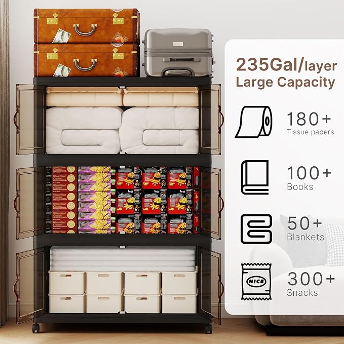 1016QT Extra Large Stackable Storage Bins with Lids & Wheels | & Door,Total 254Gal for 3-Tier set Foldable Collapsible Closet Organizers, Plastic containers drawers for bedroom Dorm