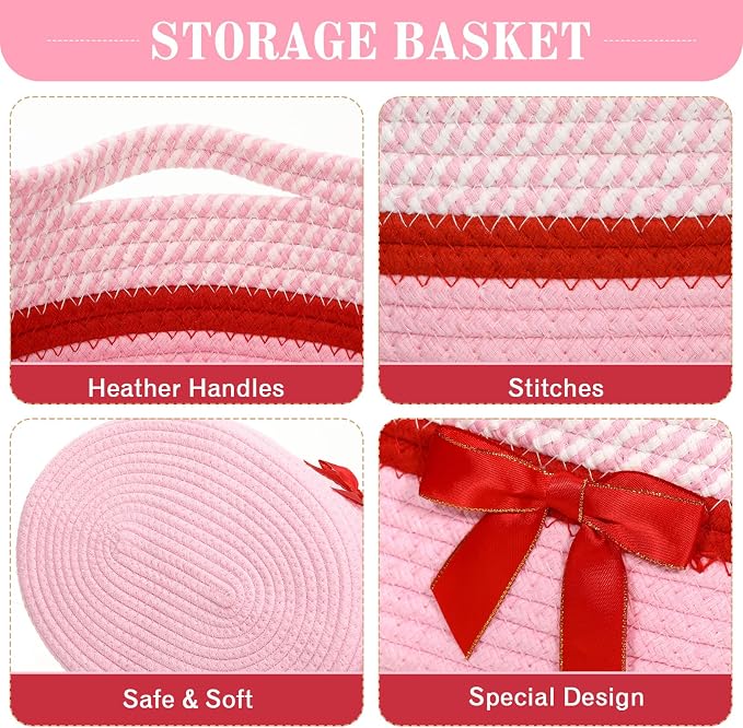Colingmill 1 Set Woven Empty Basket for Gift,Pink Red | with Cellophane Wrap Set, 14 x 10 x 5.5 Inch, Medium Decorative Gift Basket, Cotton Rope Storage Box, Home Decor