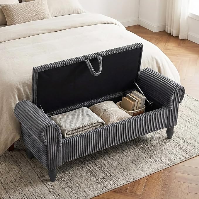 55" Bench for End of Bed Storage Benches, Queen End of Bed Bench Corduroy Upholstered Storage Ottoman Window Bench with Storage, for Bedroom, Entryway, Closet, Dark Grey