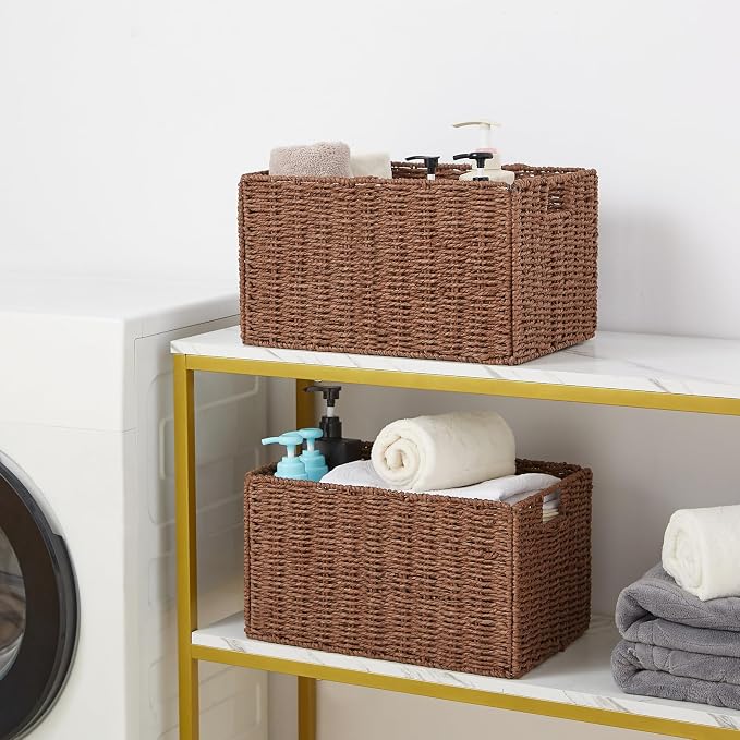 Vagusicc Wicker Storage Basket, Set of 2 Hand-Woven Paper Rope Wicker Basket, Small Storage Baskets for Organizing Toilet Paper Basket, Foldable Large Cube Storage Organizer Bins for Shelves (Brown)
