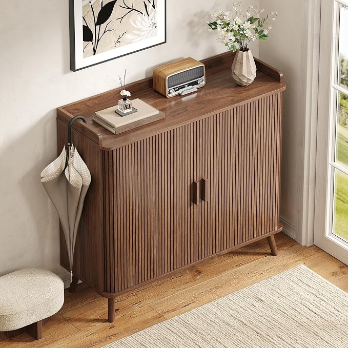 Shoe Cabinet with Sliding Door, 5-Tier Hidden Shoe Rack with Adjustable Shelves, Wooden Shoe Storage Organizer with Open Bottom Space, Freestanding Shoe Shelf for Entryway (Walnut)