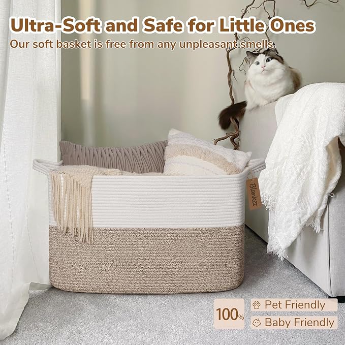 Goodpick Extra Large Cotton Rope Blanket Basket, Rectangle, Light Brown | 75L, 22 × 17 × 12 in, Reinforced Handles, Blankets, Toys & Clothes Storage, Living Room, Bedroom & Nursery Organization