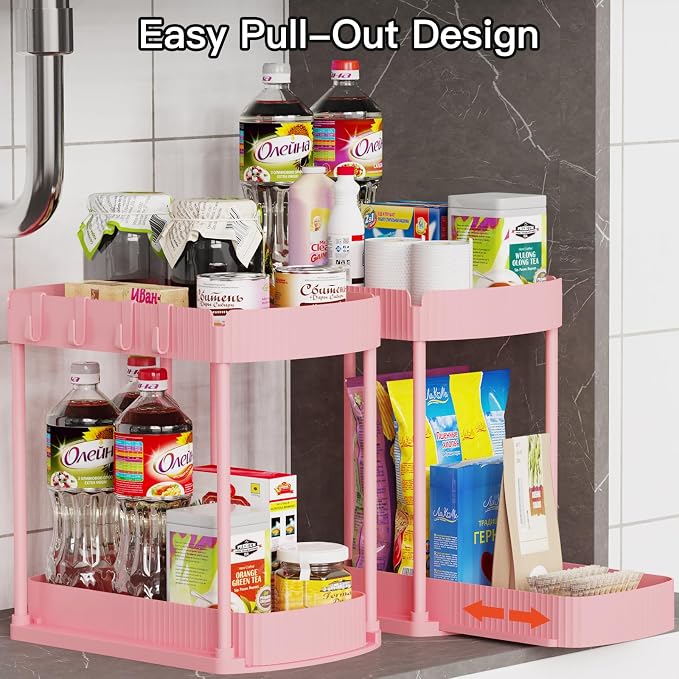 Ukeetap 2 Pack Multi-Purpose Pull-Out Storage Organizers, Under Sink Organizers and Storage for Bathroom & Kitchen, Under Cabinet Organizers and storage, 14.8 Inch, Pink