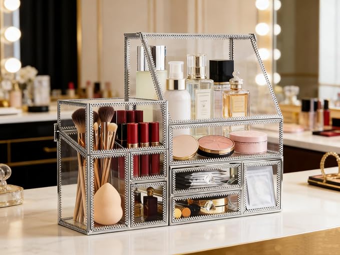 Tempered Glass Makeup Organizer with Heart Shaped Metal Frame, Large Cosmetic Storage Drawer Cabinet, Dustproof Vanity Display Case for Lipstick Makeup Brush Skincare Bathroom Bedroom