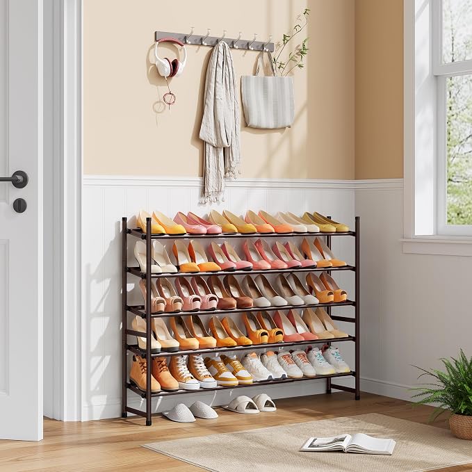 Expandable Shoe Rack for Closet 5 Tier, 28“-41“Stackable, Bronze | Adjustable Shoe Organizer Closet Shoe Rack Floor, Metal Shoe Shelf Storage for Entryway, Closet, Garage, Front Door Entrance