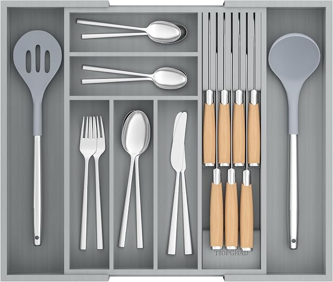 Expandable Bamboo Silverware Drawer Organizer Kitchen Tray, Grey | Removable Knife Block, Holds 7 Knives, Adjustable Dividers, 12.6-21.45 x 16.3 x 2.13 in, Drawer Insert for Utensils, Forks