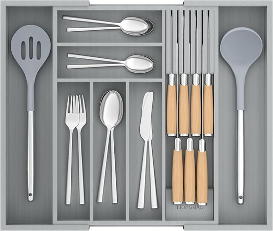 Expandable Bamboo Silverware Drawer Organizer Kitchen Tray, Grey | Removable Knife Block, Holds 7 Knives, Adjustable Dividers, 12.6-21.45 x 16.3 x 2.13 in, Drawer Insert for Utensils, Forks