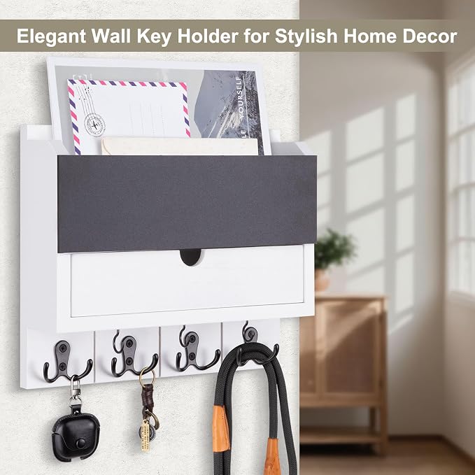 Mail and Key Holder Wall Mount with Storage Drawer & Chalkboard Panel | Modern Wooden Mail Organizer for Wall Entryway, 7 key hooks, Stylish Home Decor for Apartments, Living Room, Office