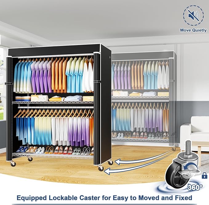ULIFHOME P8C Max Heavy Duty Clothes Rack（With Extended Width Design） Rolling Clothing Racks for Hanging Clothes with Lockable Wheels，51.2"W x 15.8"D x 80.5"H，Load 800LBS，White Rack with Black Cover
