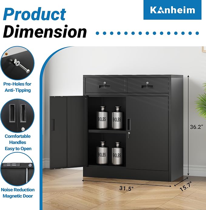 Metal Storage Cabinet, 36" Locking Cabinet with Adjustable Shelves for Garage, Office (Black, 2 Drawers)