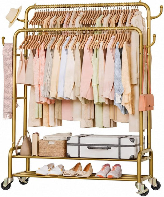 Homde Sturdy Garment Rack for Bedroom: 265 lbs Heavy Duty Clothes Organizer | 2 Hanging Rods Hold Coat to T-Shirt - Easy Roll & Park on Wheels - Metal Frame Stays Solid & Stable at Full Load