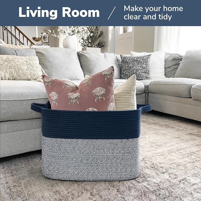Goodpick 50L Large Cotton Rope Storage Basket, 18" x 14" x 12", Blue | Blankets, Pillows & Toys Storage, Decorative Rectangle Basket, Living Room & Bedroom Organization, Built-In Handles