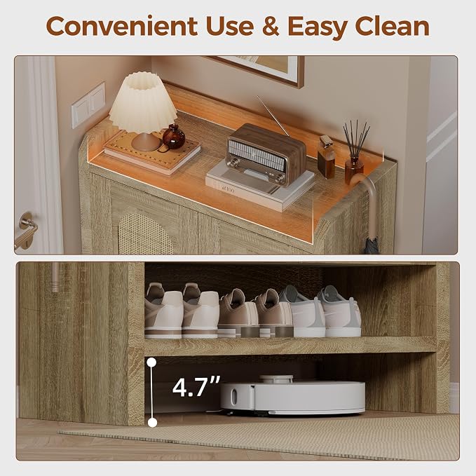 6-Tier Shoe Cabinet Storage for Entryway, Rattan Shoes Organizer Cabinets with Doors, Wooden Shoe Rack, Farmhouse Boho Wood Storage Cabinet (Natural, 6-Tier)