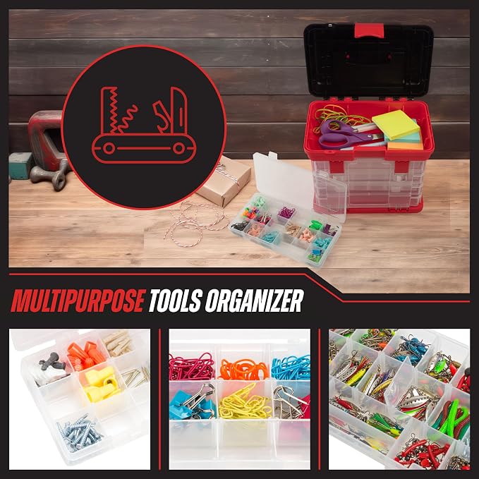 Stalwart Portable Tool Box Small Parts Organizer with Drawers, Red | Customizable Compartments for Hardware, Fishing Tackle Box, Beads, or Craft Supplies