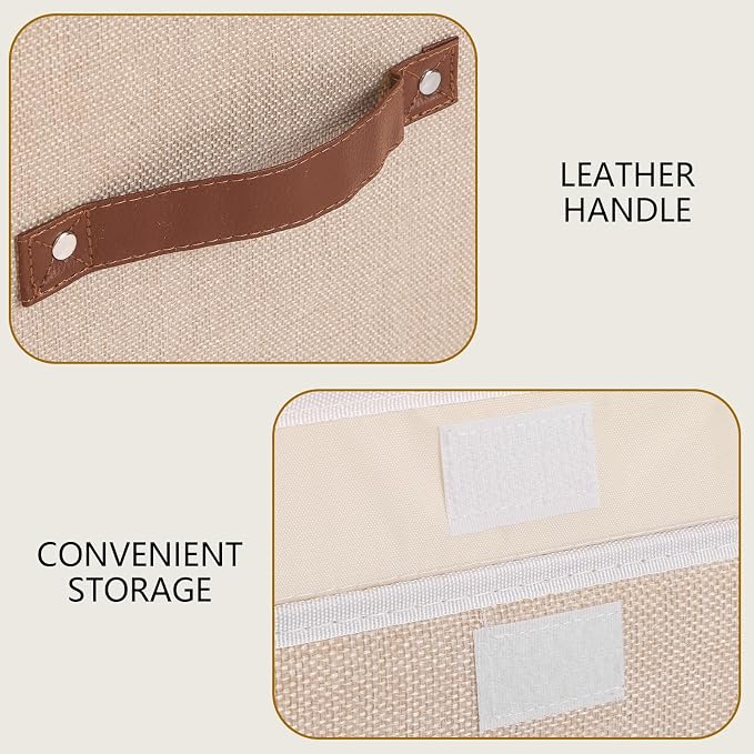 Yawinhe Fabric Storage Boxes with Lids,Beige,15.0x9.8x9.8in,1-Pack | Container with Leather Handle,Washable Storage Basket, Clothes Blanket Bin,Collapsible Closet Organizer for Bedroom