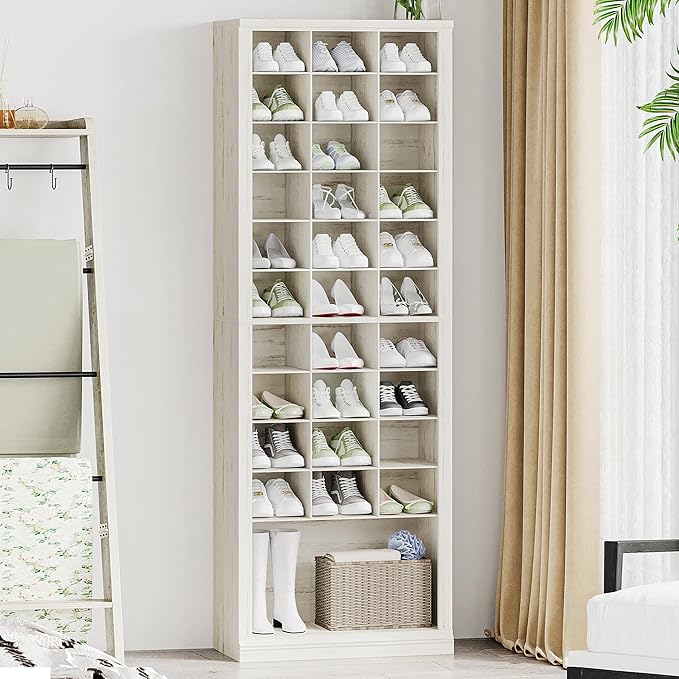 Hzuaneri 11 Tiers Shoe Storage Cabinet, Tall Shoes Cabinet with Cubby | Freestanding Wooden Shoe Organizer, 30-33 Pairs, Shoes Cubby Organizer for Entryway, Bedroom, Rustic White SR02014X