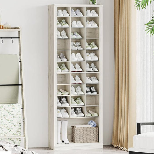 Hzuaneri 11 Tiers Shoe Storage Cabinet, Tall Shoes Cabinet with Cubby | Freestanding Wooden Shoe Organizer, 30-33 Pairs, Shoes Cubby Organizer for Entryway, Bedroom, Rustic White SR02014X