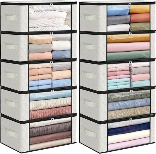 Fab totes 35L Closet Organizers and Storage, Foldable Under Bed Storage Containers, Storage bags for Organizing Bedroom, Closet, Clothing,Organization with Handle (10 Pack,Ivory)