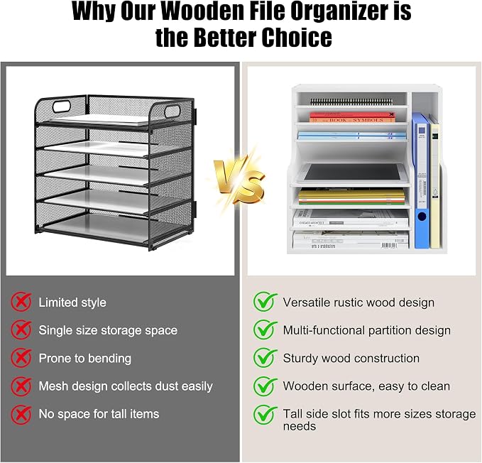 Wood Desktop File Holder Organizer Mail Sorter for File Folders, Mails, Envelopes or Magazines, 8 Compartments (White)