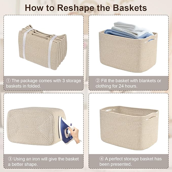 Baskets for Organizing,Storage Baskets,3 Pack Baskets for Shelfves,15"×10"×9" Woven Brown Basket,toy storage bins,bins for organization