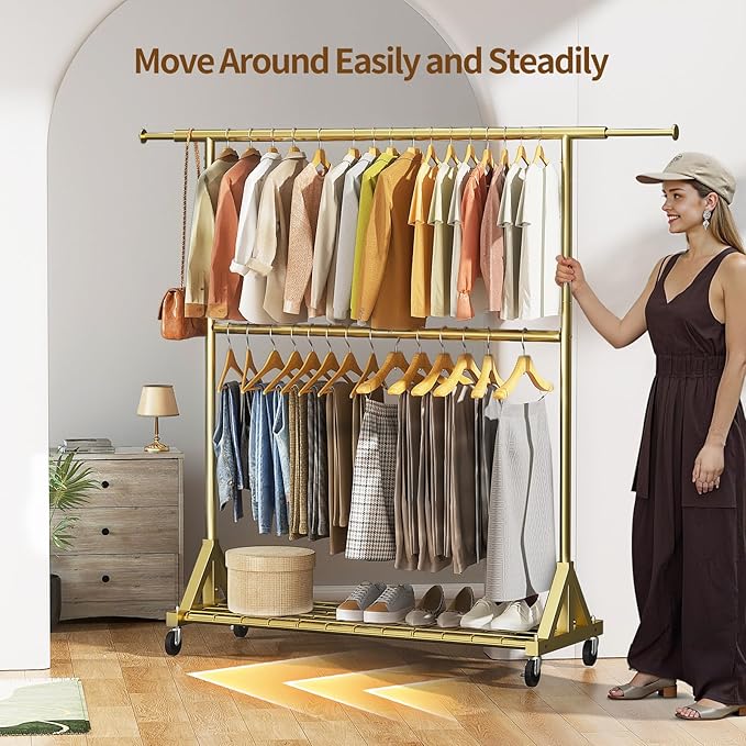 Luxspire Heavy Duty Clothes Rack with Lockable Wheels Load 600 LBS, Gold | Double hanging rods, heavy-duty iron mesh frame, adjustable extendable rods, ideal for laundry room & bedroom garment storage