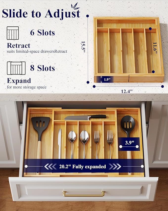 Kitsure Silverware Organizer, Bamboo Kitchen Drawer Tray, Natural, X-Large | Expandable Drawer Kitchen Organizer, Cooking Utensils & Cutlery, Sturdy & Thickened Design, Storage Solution
